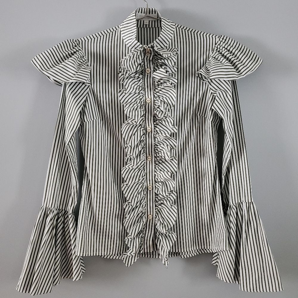 Caroline Constas Marla Stripe Button-down Bell-Sleeve Cotton Shirt Size S